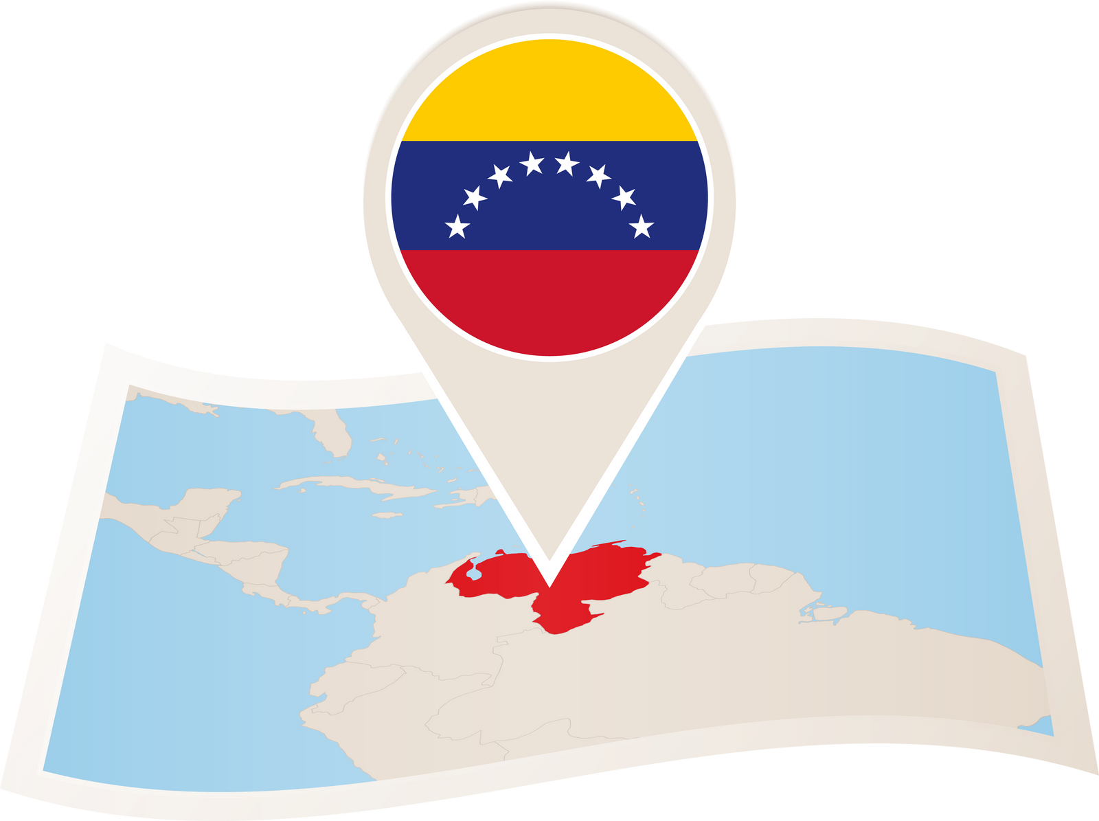 Folded paper map of Venezuela with flag pin of Venezuela.