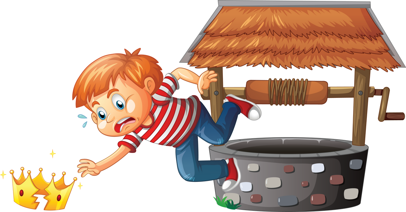 A boy with broken crown and stone well on white background